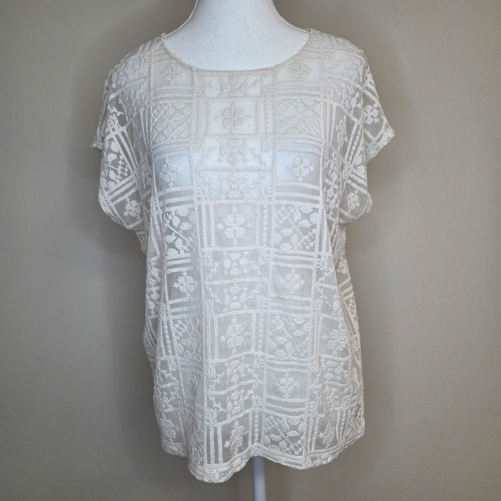 Chicos Ivory Embroidered Mesh Blouse Short‎ Sleeve Geometric Lace Top Size 2 L